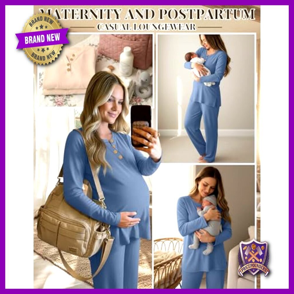 Large Maternity Lounge Set Thermal Fleece Long Sleeve Top Wide Leg Pants - Picture 4 of 7